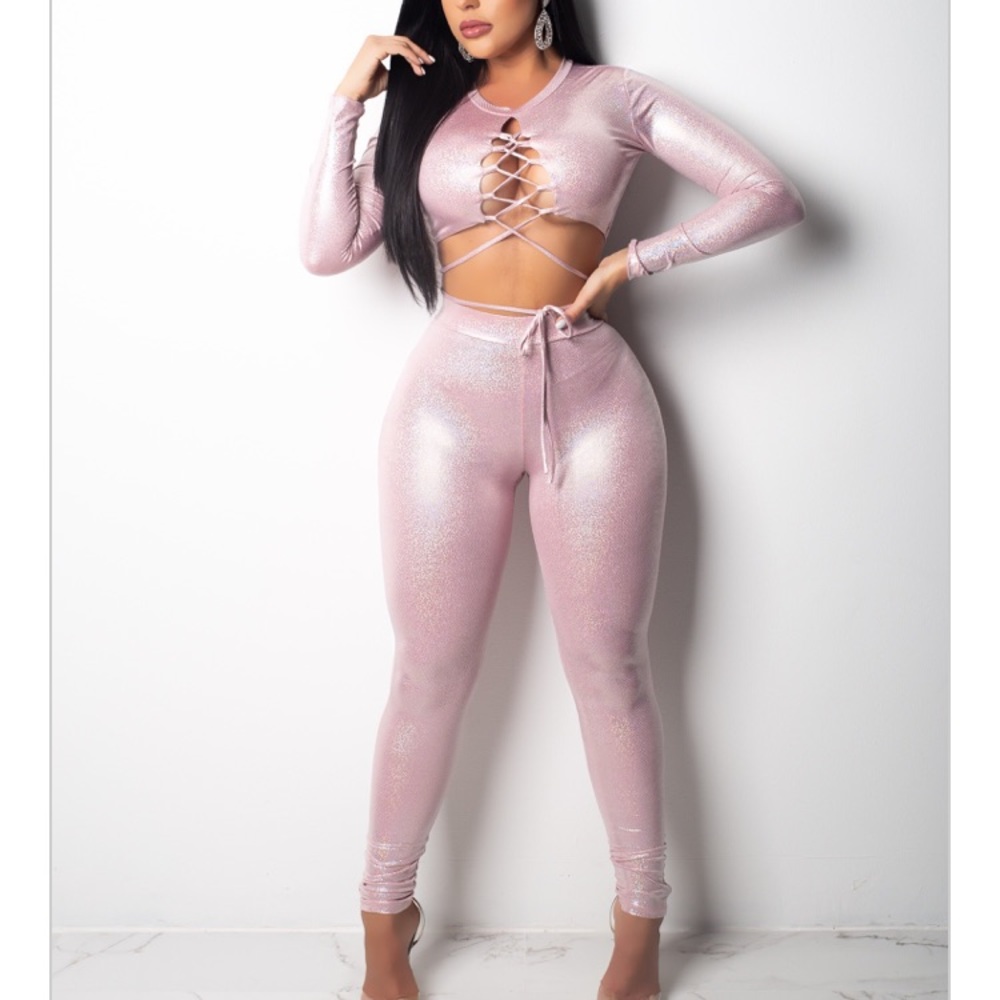 Two piece pink sparkly pants set